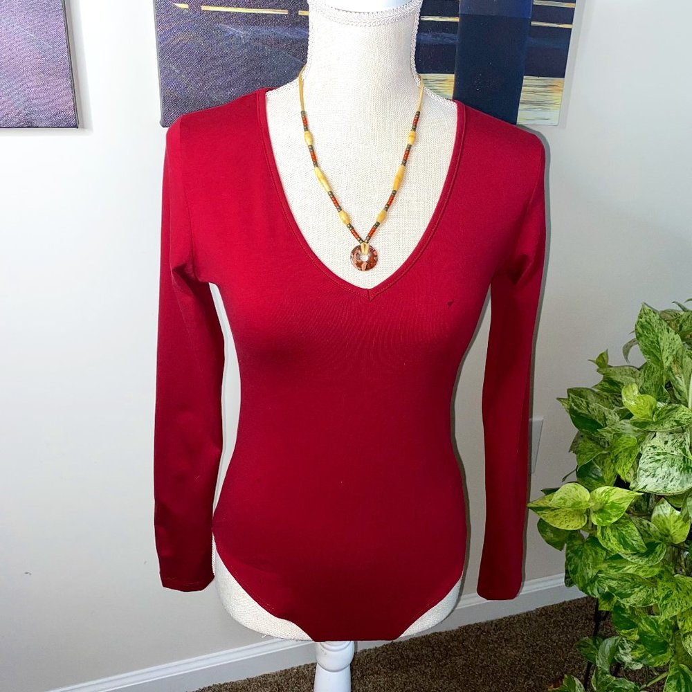 Mangdiup Maroon V Neck Retro Thick Onepiece Fitted Body Suit Jump Suit Leotard